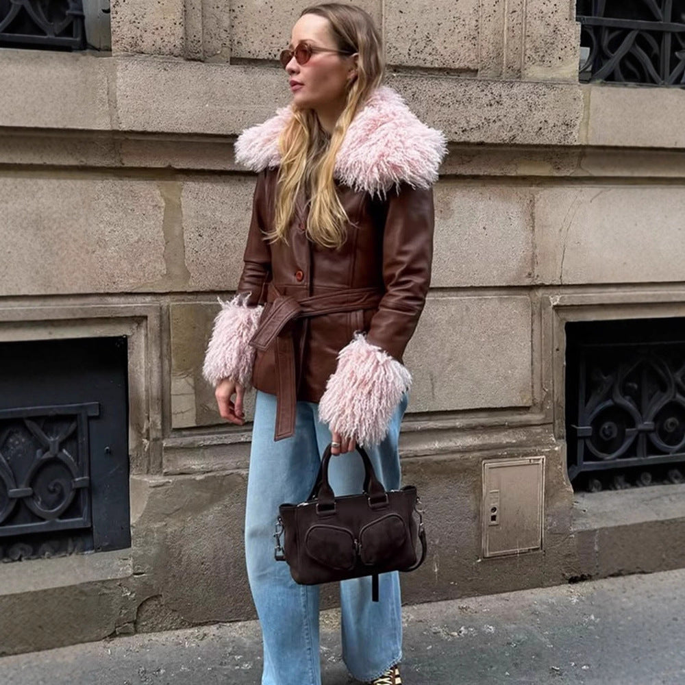Women's Tailored Faux Leather Jacket with Tied Belt, Opulent Removable Faux Fur Shawl Collar and Fur Cuffs EVA-US