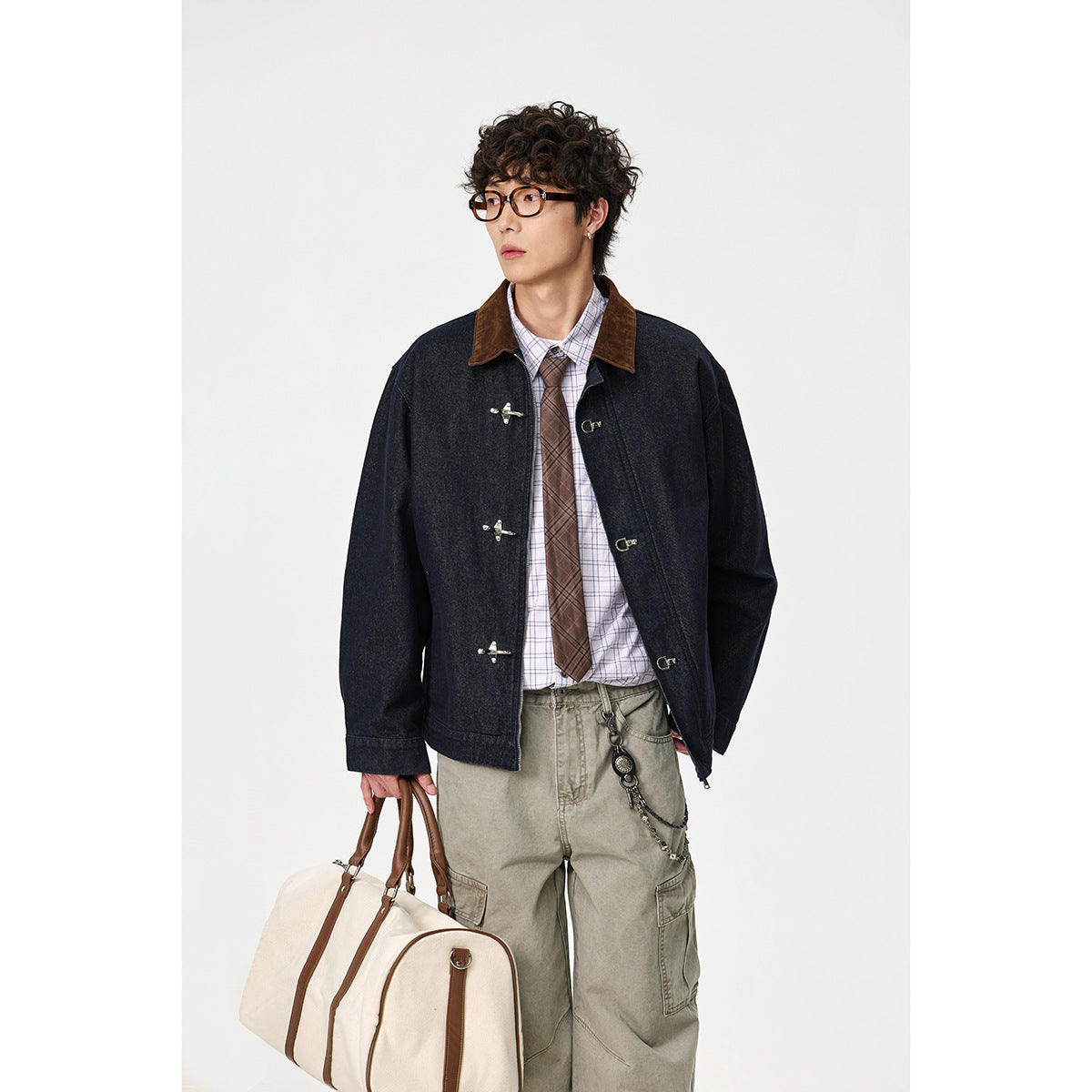 Men's sharply tailored denim workwear blouson with corduroy lapel and metallic hook fasteners EVA-US
