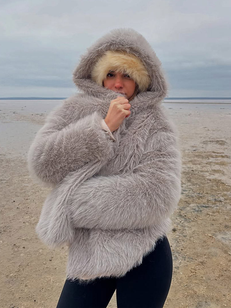 Women's Cozy Short Faux Fur Jacket with Extra Voluminous Hood EVA-US