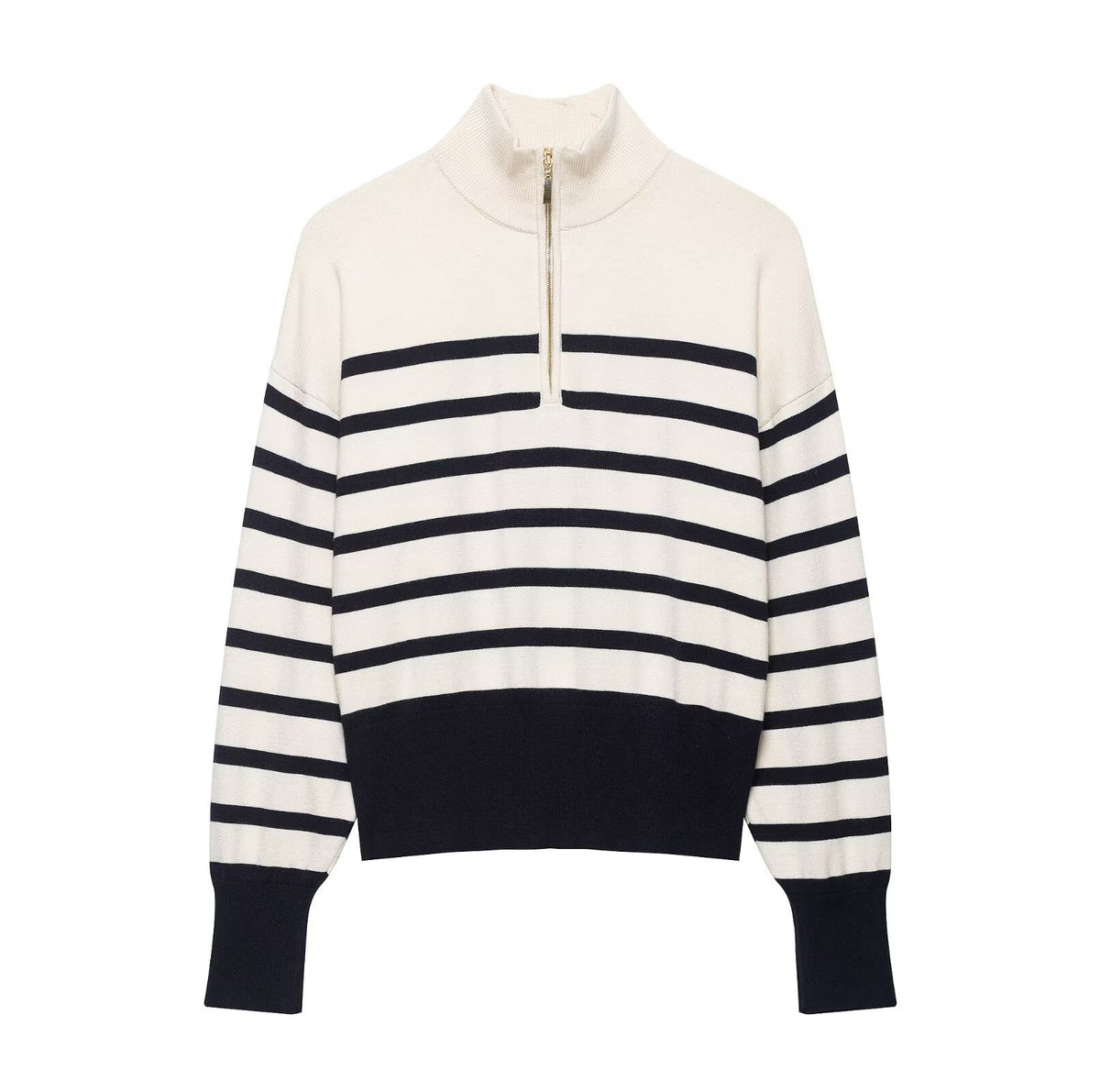 Women's Cropped Boxy Knit Sweater with Half Zipper, Stand Collar and Wide Stripes