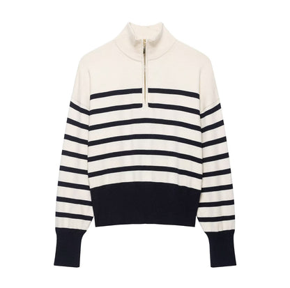 Women's Cropped Boxy Knit Sweater with Half Zipper, Stand Collar and Wide Stripes