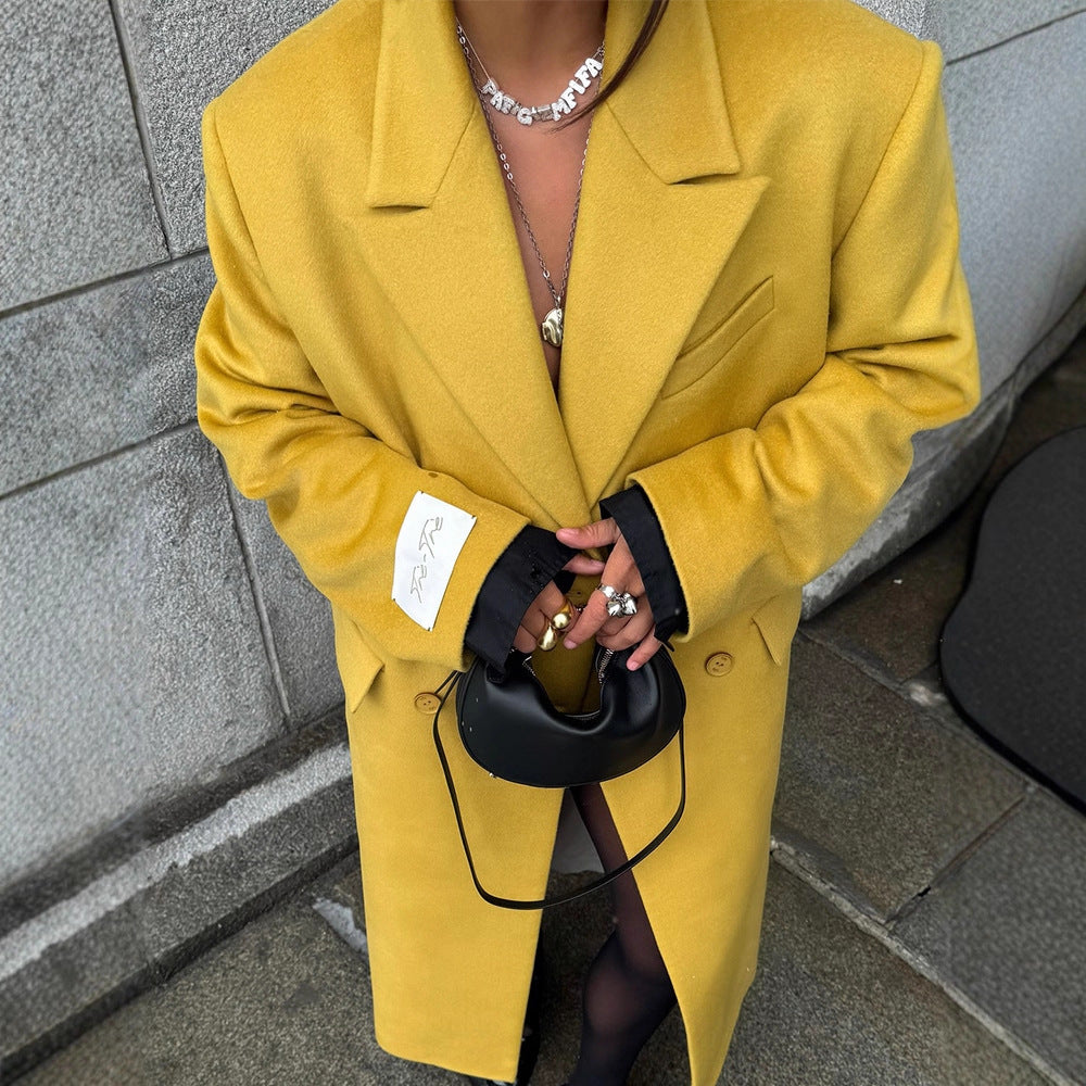 Women Oversized Wool Coat with Lapel Collar and Patch Pockets EVA-US