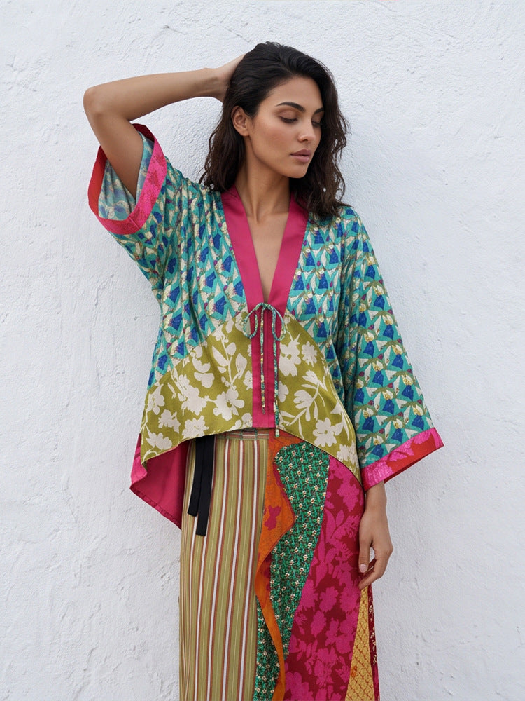 Women's Patchwork Kimono Top made of silk blend with deep V-neck and tie belt EVA-US