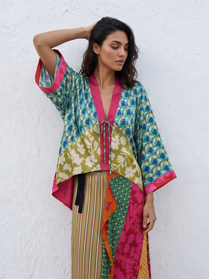 Women's Patchwork Kimono Top made of silk blend with deep V-neck and tie belt EVA-US
