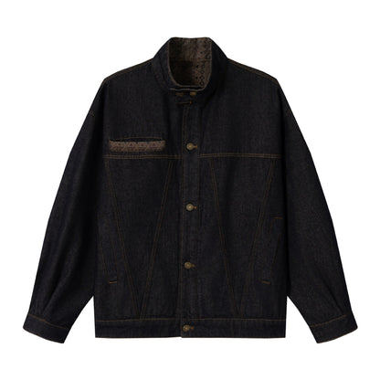 Unisex Oversized Denim Jacket with Funnel Neck and Decorative Chest Flap EVA-US
