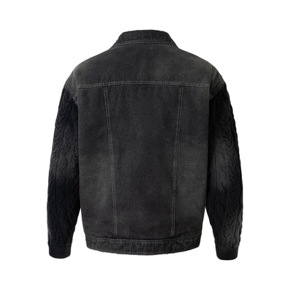 Men's denim jacket with applied leather chest pockets and cable knit sleeves EVA-US
