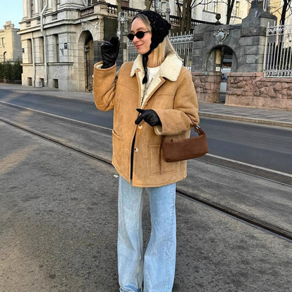 Women's Boxy Lambskin Look Coat with Folded Teddy Collar EVA-US