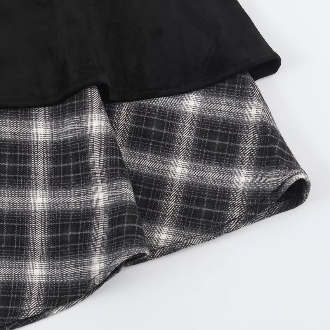 Women's asymmetrical layered skirt with faux leather overlay and checked chiffon ruffle EVA-US