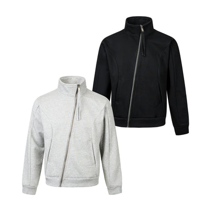 Unisex Short-cut Sweat Jacket with High Stand-up Collar and Asymmetrical Zipper EVA-US
