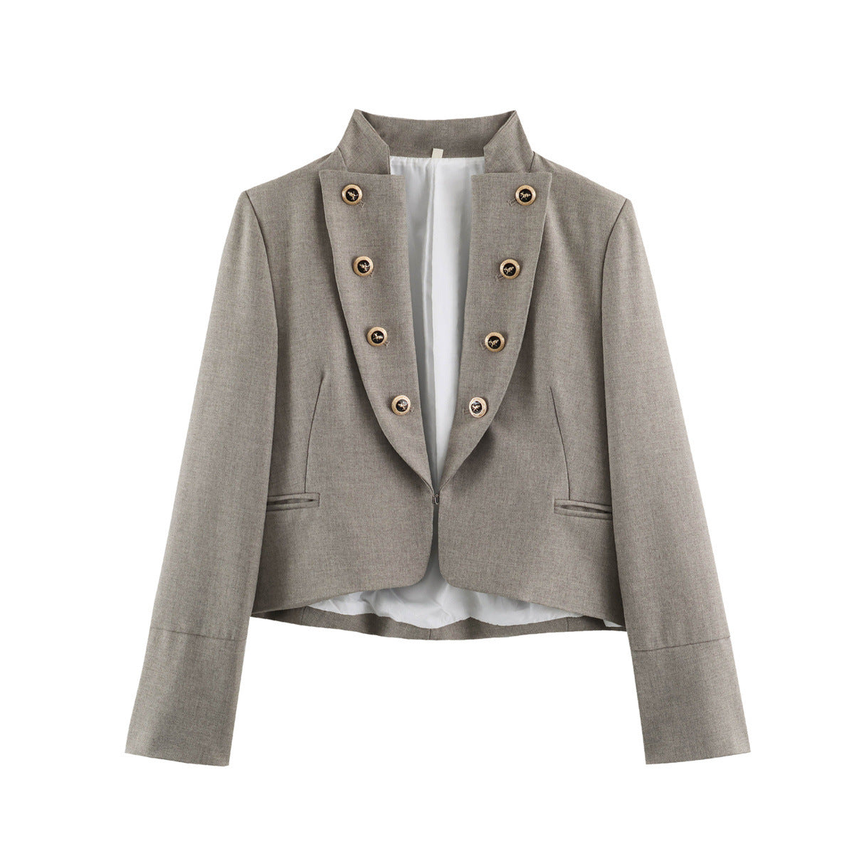 Women Cropped Military Blazer with Stand Collar, Double-Breasted Decorative Button Placket and Tailored Fit EVA-US