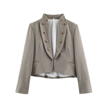 Women Cropped Military Blazer with Stand Collar, Double-Breasted Decorative Button Placket and Tailored Fit EVA-US