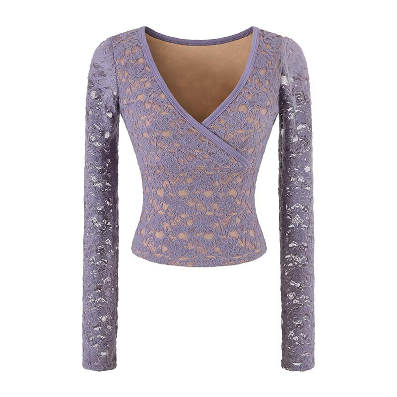 Women's Figure-hugging Lace Top with Wrap V-neck and Long Sleeves EVA-US