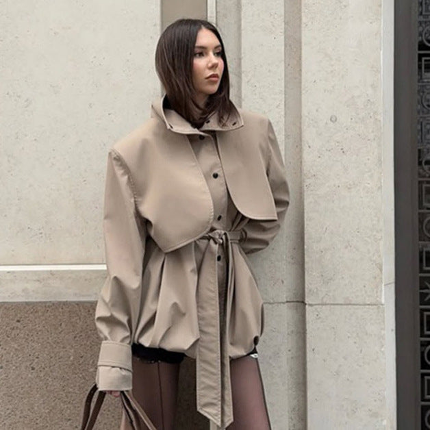 Women's sculptural boxy jacket with high stand-up collar and gathered volume waistband EVA-US