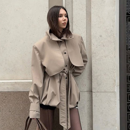 Women's sculptural boxy jacket with high stand-up collar and gathered volume waistband EVA-US