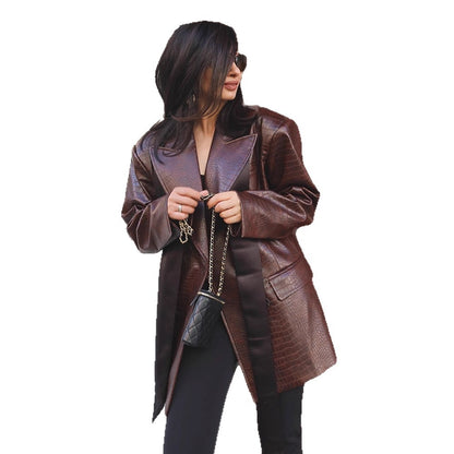 Women's Oversized Blazer Coat in Crocodile Embossing with Shawl Collar and Tie Belt EVA-US