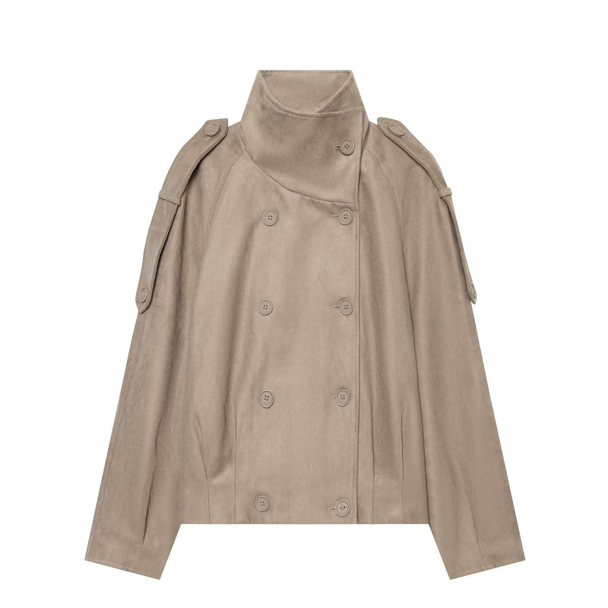 Women's Cropped Cape Trench Coat in Velvet Look with High Standing Collar, Epaulettes, and Double-Breasted Button Placket EVA-US