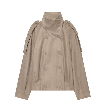 Women's Cropped Cape Trench Coat in Velvet Look with High Standing Collar, Epaulettes, and Double-Breasted Button Placket EVA-US