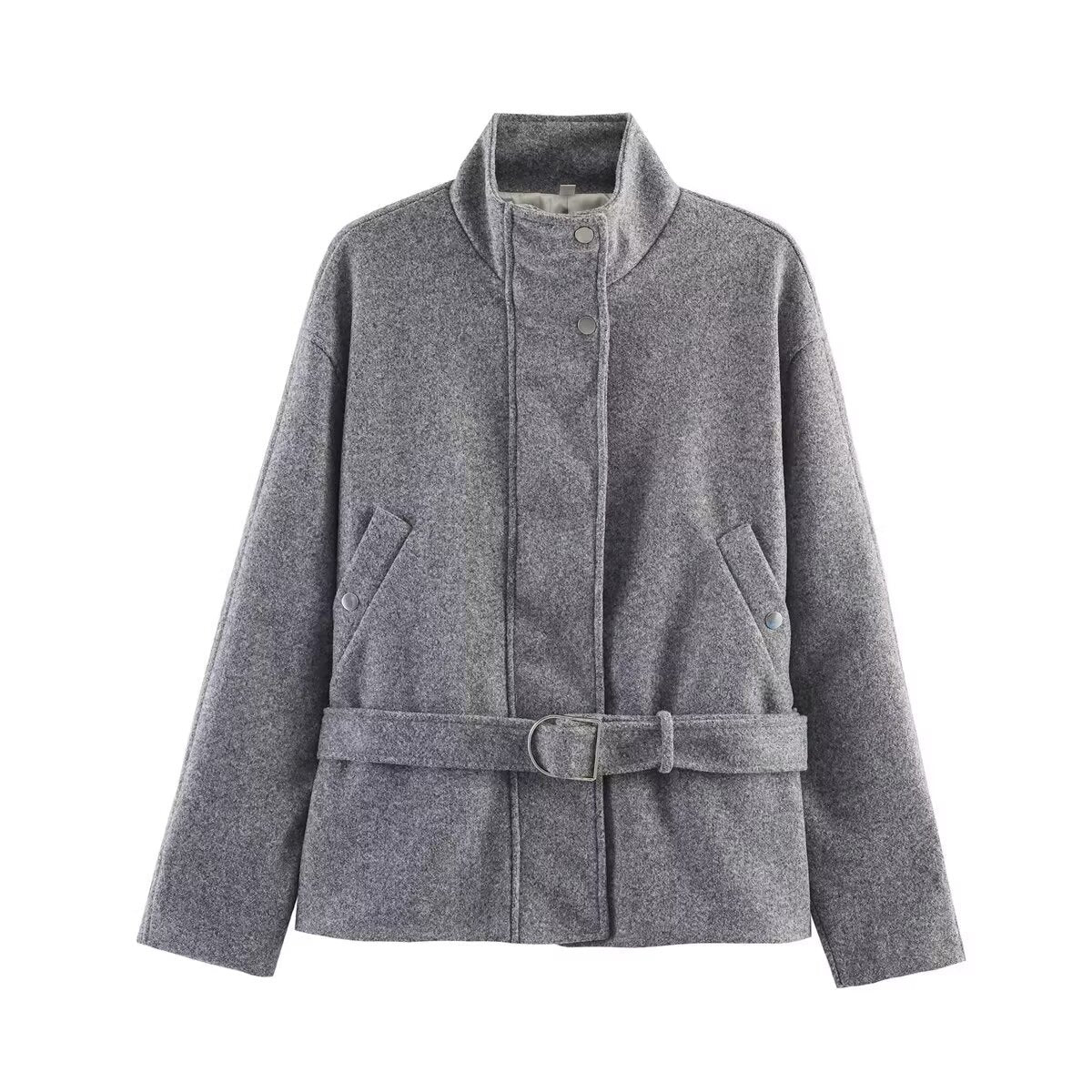 Women’s short jacket in a boxy cut made of wool blend with stand-up collar and waist belt EVA-US