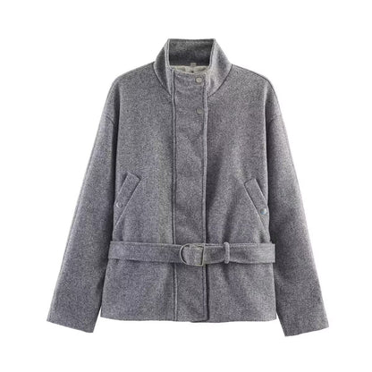 Women’s short jacket in a boxy cut made of wool blend with stand-up collar and waist belt EVA-US