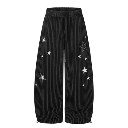 Women Wide Palazzo Sweatpants with Pinstripes, Star Print & Adjustable Hem