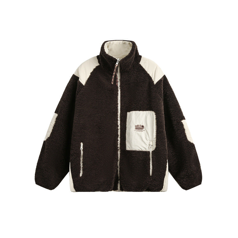 Unisex Oversize Teddy Fleece Jacket with Contrast Nylon Inserts and Stand-Up Collar EVA-US