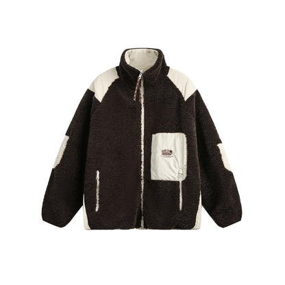 Unisex Oversize Teddy Fleece Jacket with Contrast Nylon Inserts and Stand-Up Collar EVA-US