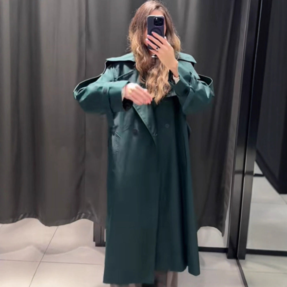 Women Long Water-Repellent Trench Coat with Waist Belt and High Stand Collar EVA-US