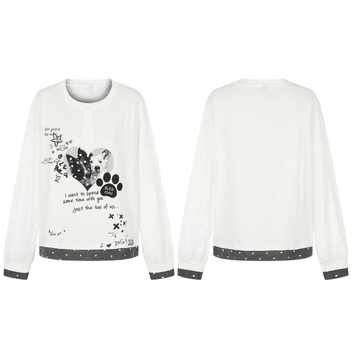 Women's Long Sleeve Pajama Top with Half-Button Placket, Heart Dog Print and Contrasting Cuffs
