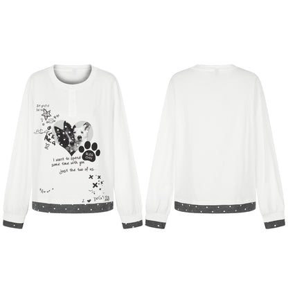Women's Long Sleeve Pajama Top with Half-Button Placket, Heart Dog Print and Contrasting Cuffs