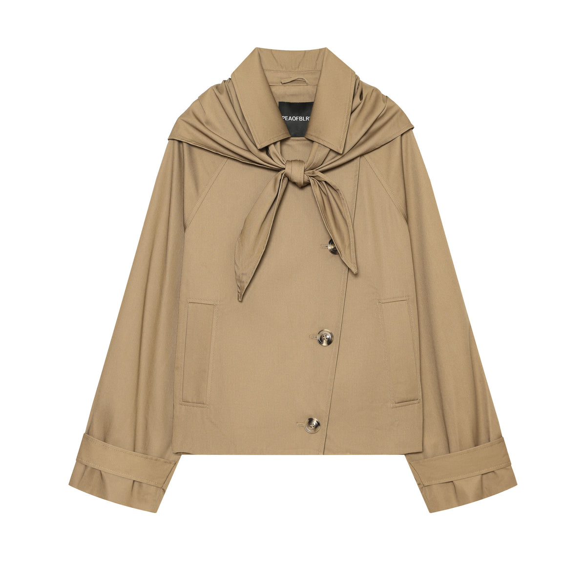 Women's Cropped Trench Cape Jacket with Bow Collar and Boxy Silhouette EVA-US