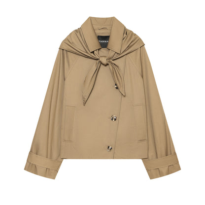 Women's Cropped Trench Cape Jacket with Bow Collar and Boxy Silhouette EVA-US