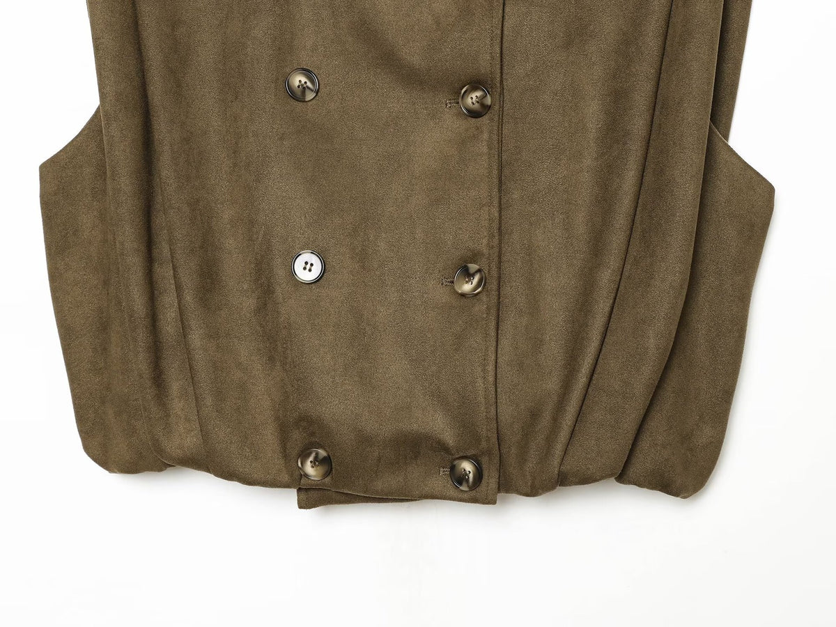 Women's Sleeveless Double-Breasted Trench Vest with High Stand Collar and Shoulder Tabs EVA-US