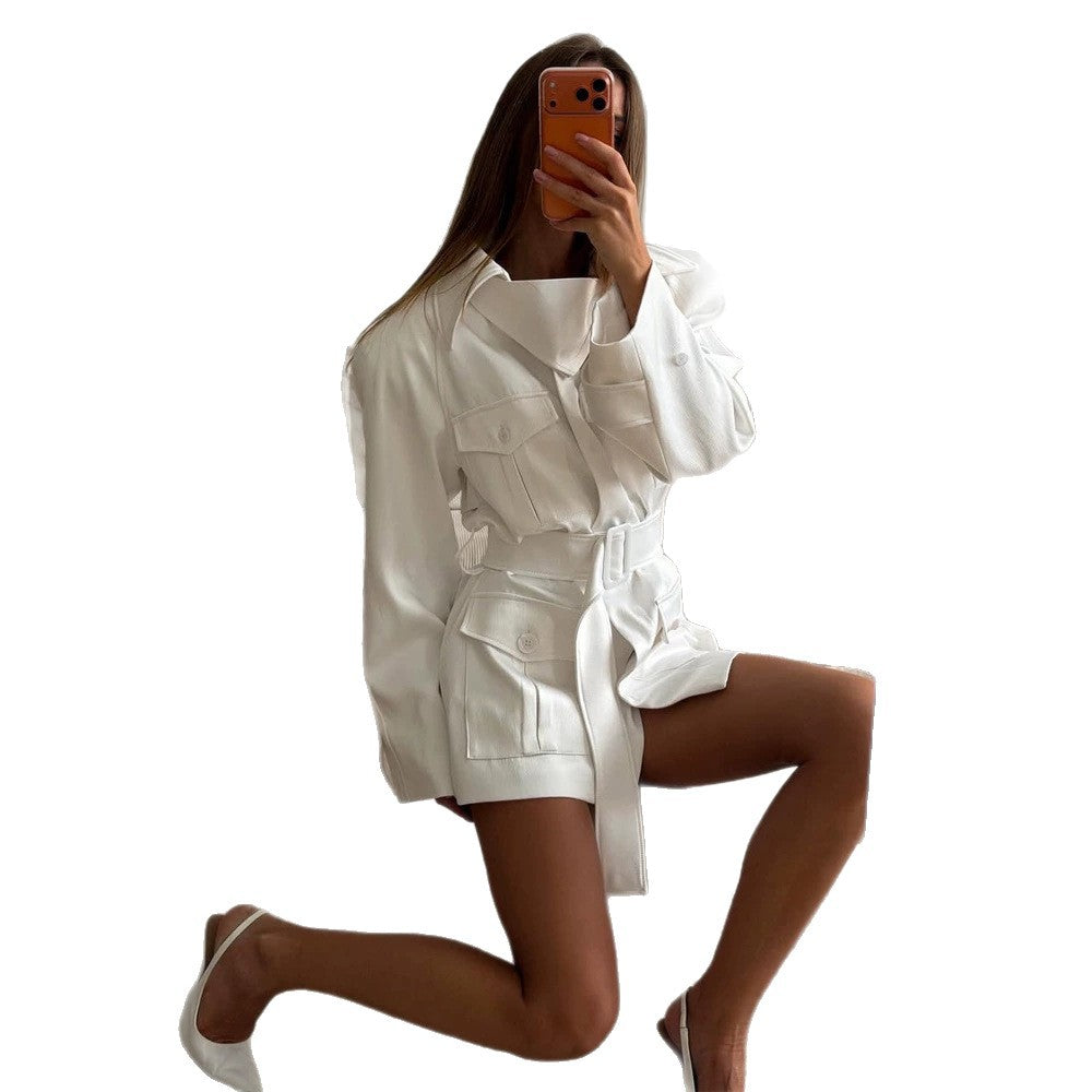 Women’s Short Blouse Dress with Waist Belt and Flap Pockets EVA-US