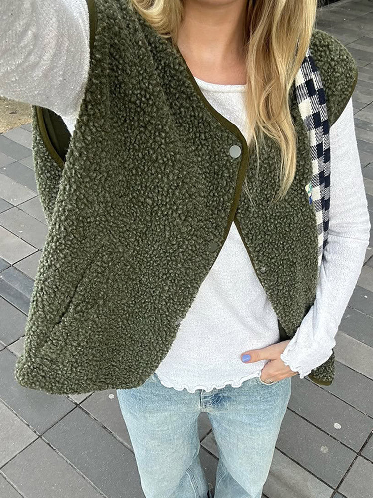 Women's teddy vest with button placket, soft teddy fleece & straight silhouette EVA-US
