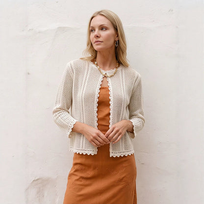 Women's crocheted short jacket with wavy hem, open front & 3/4 sleeves EVA-US