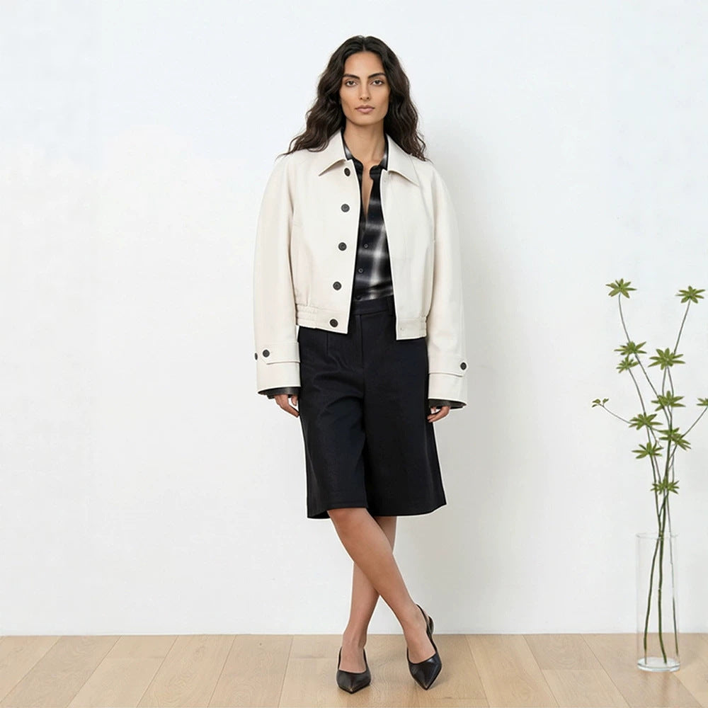 Women's Short Boxy Blouson with Elastic Hem and Distinctive Button Details EVA-US