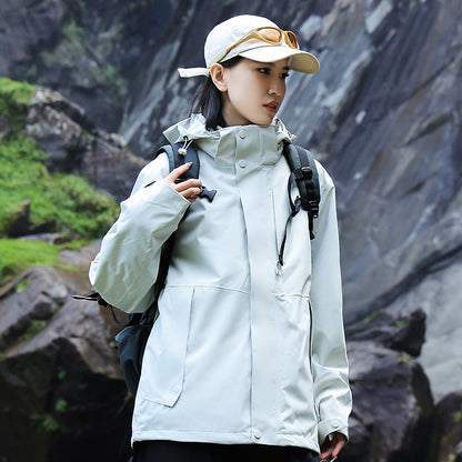 Women’s technical multi-layer hardshell rain jacket with adjustable hood, chest strap, and water-resistant zippers EVA-US
