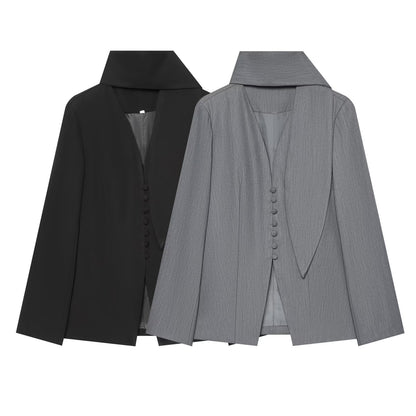 Women's Elegant Longline Blazer with High Funnel Collar and Overlapping Fabric Buttons EVA-US