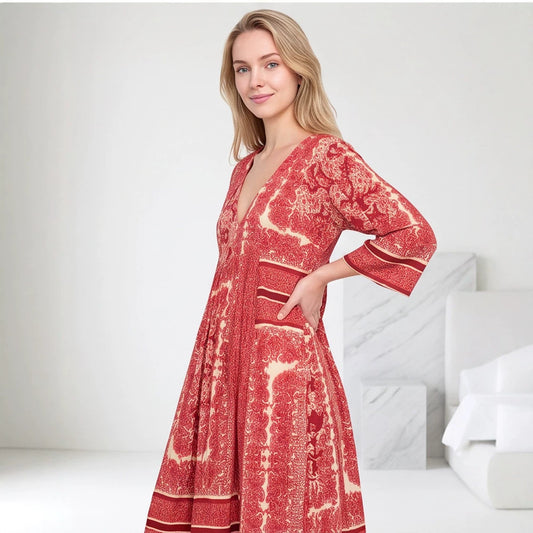 Women’s V neck midi dress with three-quarter sleeves, side pockets & flared A-line silhouette EVA-US