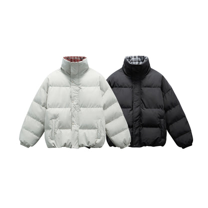Unisex short boxy padded insulation jacket with extra high stand-up collar and checked lining EVA-US