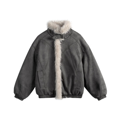 Ladies short cut velour imitation bomber jacket with teddy trim and adjustable neck strap EVA-US