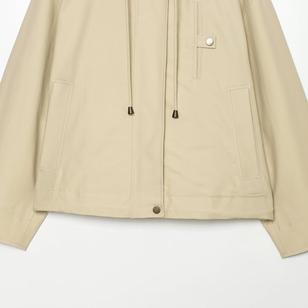 Women's Short Hooded Jacket with Drawstring, Concealed Snap Placket and Patch Pockets EVA-US