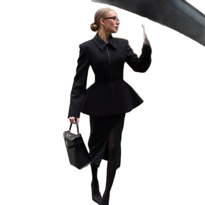 Women's fitted zip blazer with peplum & structured shoulder EVA-US