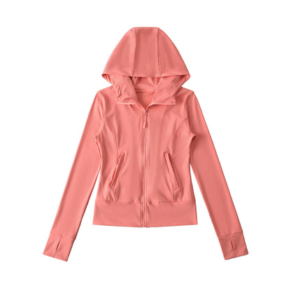 Women's Hooded Sports Jacket with Full Zip, Tailored Fit, and Integrated Zipper Pockets EVA-US