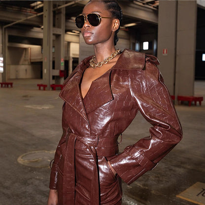 Women's Shiny Crocodile Pattern Trench Coat with Waist Belt and Wide Lapels EVA-US
