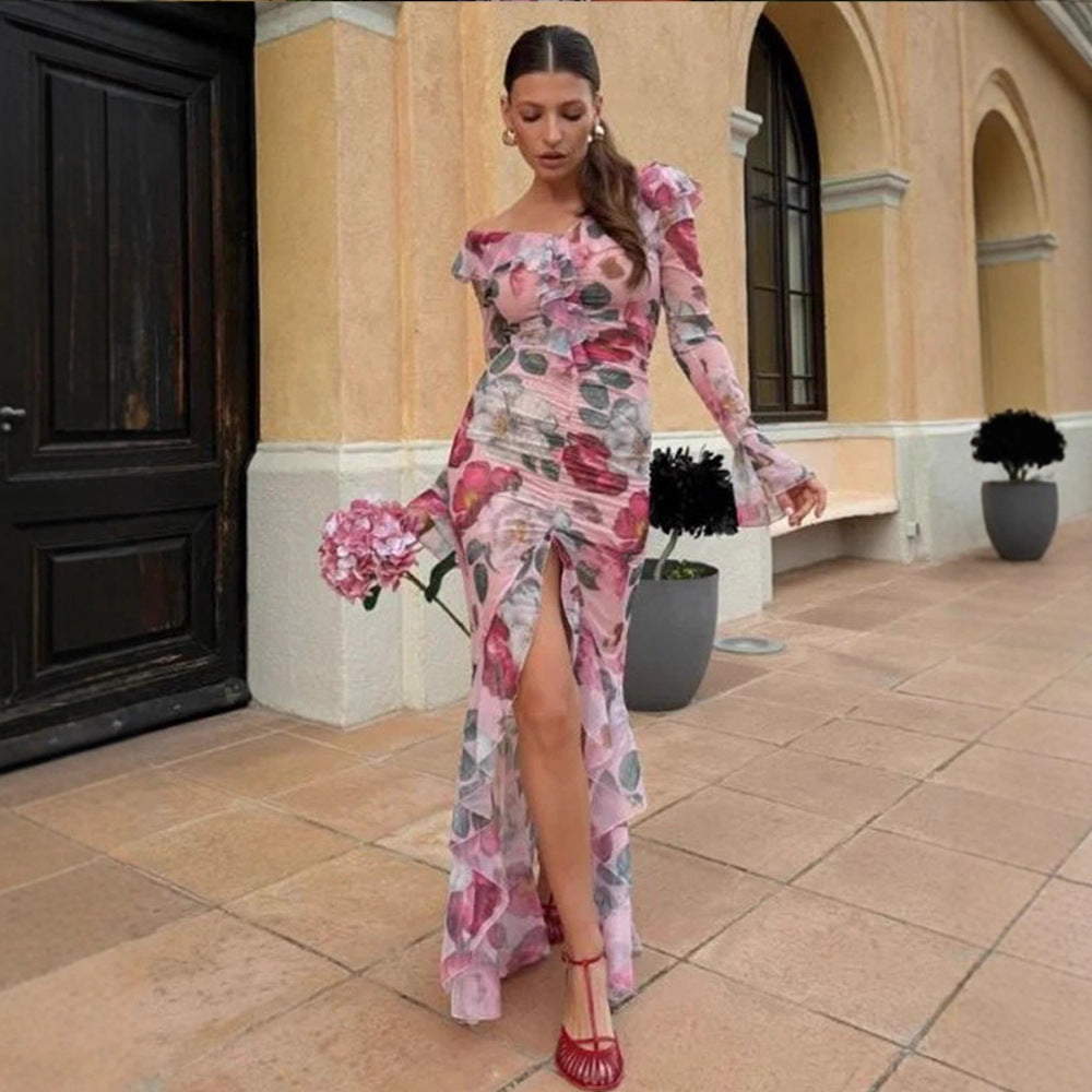Women’s Floral Chiffon Maxi Dress with Asymmetrical Ruffle Shoulder, Ruched Bodice & High Front Slit EVA-US