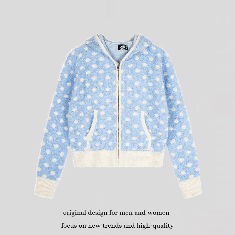 Women Fluffy Hooded Zip Jacket with Polka Dot Jacquard and Pockets EVA-US