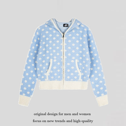Women Fluffy Hooded Zip Jacket with Polka Dot Jacquard and Pockets EVA-US