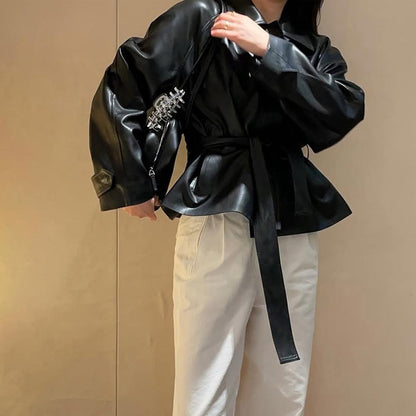 Women Tailorable Faux Leather Jacket with Wrap Belt and Boxy Silhouette EVA-US