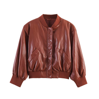 Women's Shiny Faux Leather Bomber Jacket with Ribbed Collar, Concealed Snap Button Placket and Kangaroo Pockets EVA-US
